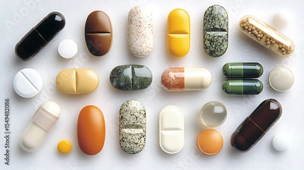 Fototapeta Assorted Medications and Supplements Displayed on a White Background