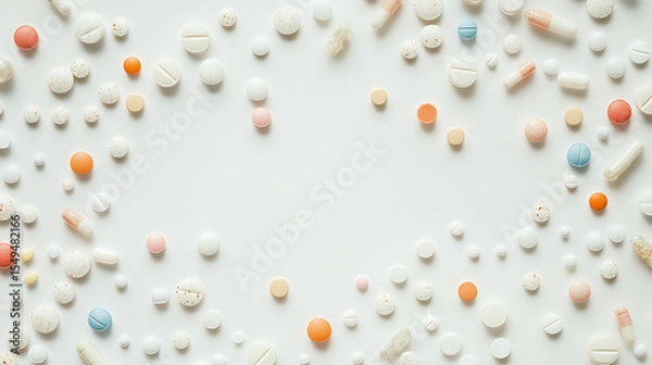 Fototapeta Assorted colorful pills arranged in a circular pattern on a white background