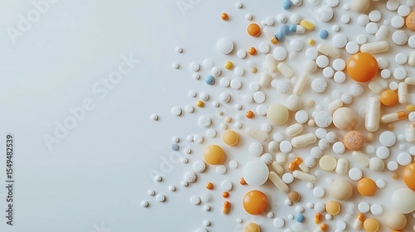 Fototapeta Assorted Colorful Pills and Capsules Scattered on a Light Background