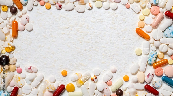 Fototapeta Assorted colorful pills arranged in a circular frame on a white background