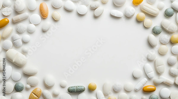 Fototapeta Assorted Medications Forming a Circular Frame on a White Background
