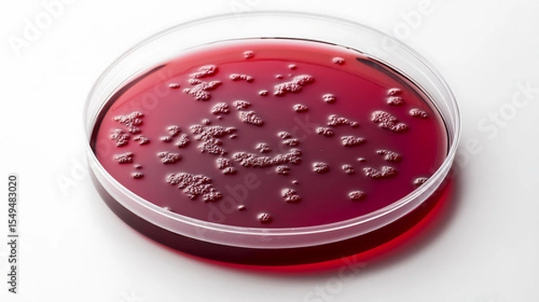 Fototapeta Petri Dish with Red Culture Medium and Microbial Colonies