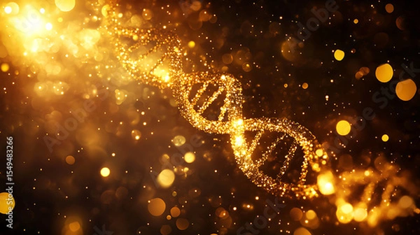 Fototapeta Golden DNA Helix with Sparkling Particles