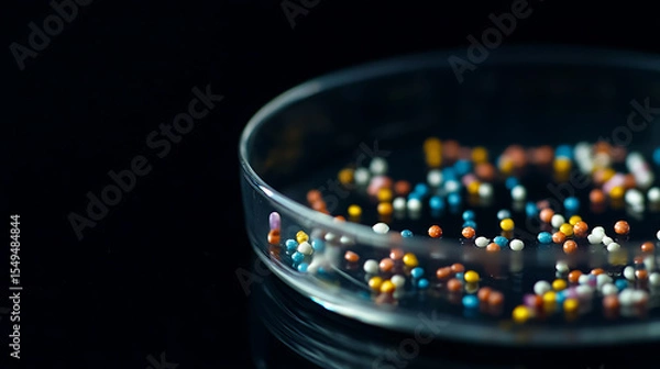 Fototapeta Colorful Microspheres in a Petri Dish Against a Dark Background