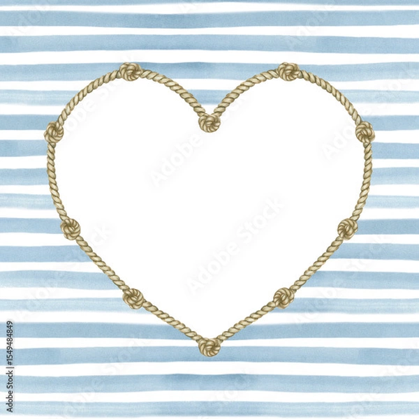 Fototapeta The marine frame is made in the shape of a heart and consists of a braided rope with knots. The background is striped, in blue and white tones.