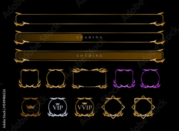 Obraz fantasy medieval ancient trading card game template with gold, blue, purple, red color variations. with a fantasy rpg symbol kit