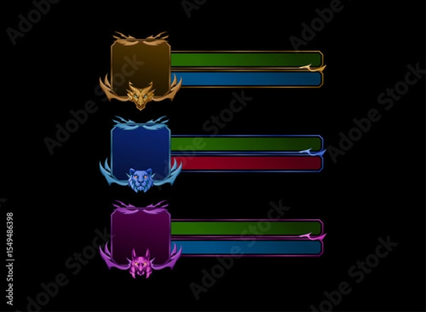 Obraz set of fantasy ancient medieval avatar bar meter frame with dragon, lion, anubis head in gold and diamond