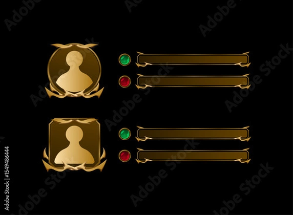Obraz set of rounded and square fantasy ancient golden medieval game profile avatar frame with health bar