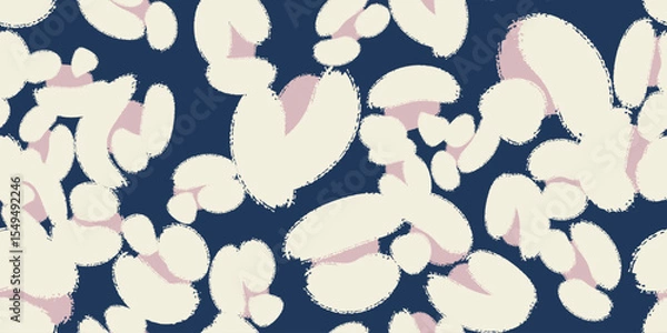 Fototapeta Floral seamless dark blue pattern with different abstract white cotton  flowers. Vector background, design, print