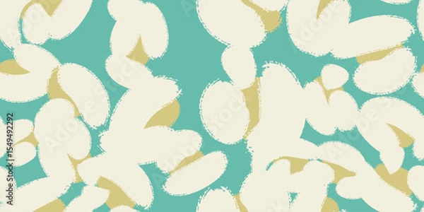Fototapeta Floral seamless green pattern with different abstract white cotton  flowers. Vector background, design, print