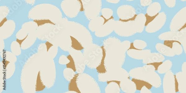 Fototapeta Floral seamless blue pattern with different abstract white cotton  flowers. Vector background, design, print