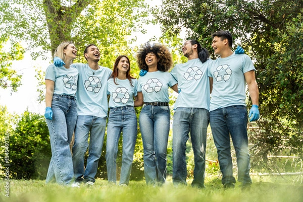 Fototapeta Multi ethnic group of volunteers cleaning up a forest together - Happy team of environmental activists smiling together outdoors - Environmental protection and non profits organization concept