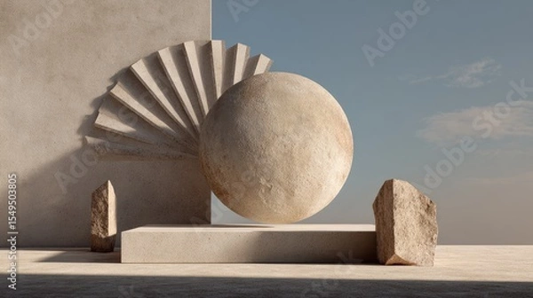 Fototapeta Minimalist Stone Composition with Radial Pattern and Sunlight, Generative Ai