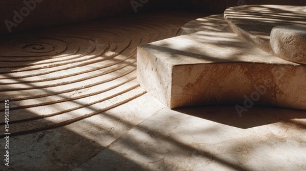 Fototapeta Minimalist Stone Composition with Radial Pattern and Sunlight, Generative Ai