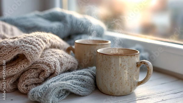 Obraz Cozy vibes: steaming mugs and knitted blankets by the bright window offer a warm and inviting scene of comfort.