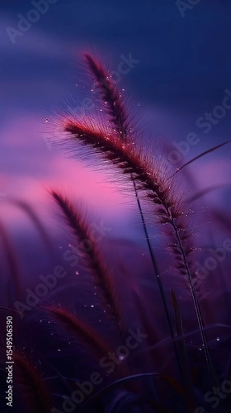 Fototapeta Ethereal Sunset Reflections on Delicate Grasses with Dew Drops and Soft Hues of Purple and Pink Sky