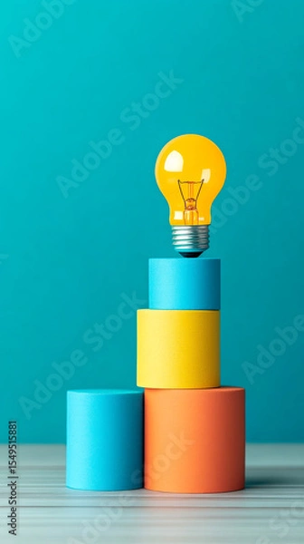 Obraz A yellow light bulb hovers above stacked colorful cylinders on a turquoise background, symbolizing creativity and innovative ideas.