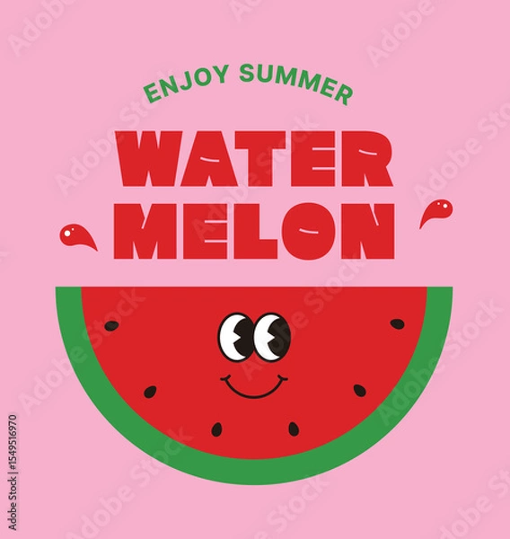 Fototapeta Cute summer watermelon character illustration with funny typography and smiling face.