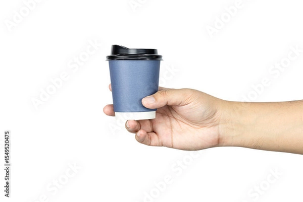 Fototapeta Hand holding blue disposable coffee cup with black lid. Takeaway beverage concept. isolated on white background with clipping path.