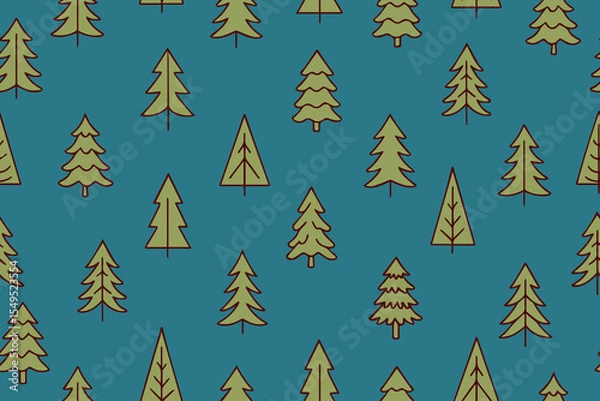 Fototapeta Christmas seamless pattern of green decorative Christmas trees in doodle style on blue background. Simple seamless background with New Year. Vector design for winter holidays, wallpaper, wrapping pape