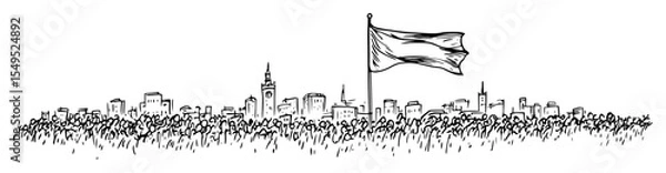 Obraz crowd of people protest with flag in city sketch