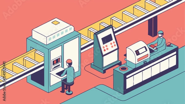 Fototapeta Isometric Illustration of Automated Factory Production Line with Workers.