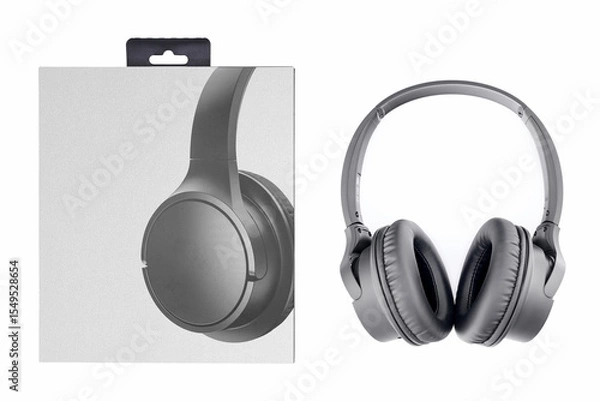 Fototapeta close up of black wireless stereo headphones and paper box on white background, top view