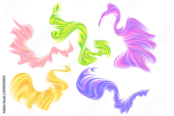 Fototapeta Fluid neon pink, yellow glowing futuristic flowing wave form set, iridescent striped holographic liquid splash isolated PNG design element, transparent background. Dream glow abstract geometric shape.