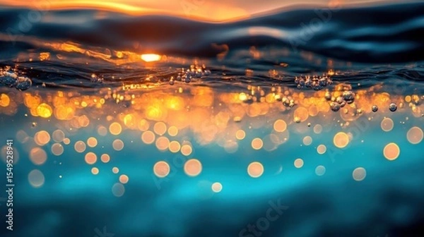 Fototapeta Sparkling Ocean Surface at Sunset with Colorful Bokeh Effects and Gentle Waves