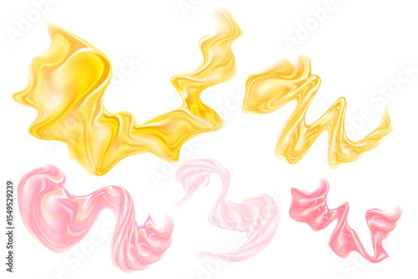 Fototapeta Fluid pink, yellow neon glowing futuristic flowing wave form set, iridescent striped holographic liquid splash isolated PNG design element, transparent background. Dream glow abstract geometric shape.