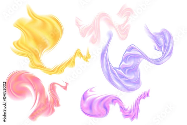 Fototapeta Fluid pink, yellow neon glowing futuristic flowing wave form set, iridescent striped holographic liquid splash isolated PNG design element, transparent background. Dream glow abstract geometric shape.