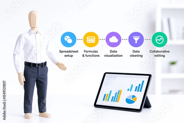 Fototapeta Humanoid figure with blank face dressed in business attire standing next to digital tablet displaying colorful charts and graphs, illustrating concept of digital skills training and data analysis