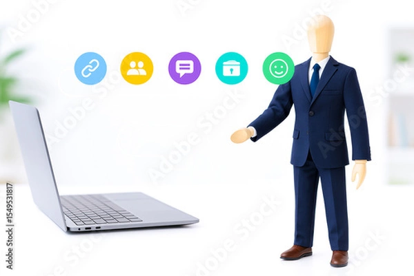Fototapeta Humanoid figure dressed formal suit interacts with digital icons above laptop, illustrating modern skills and training technology and communication, evoking positive and professional atmosphere