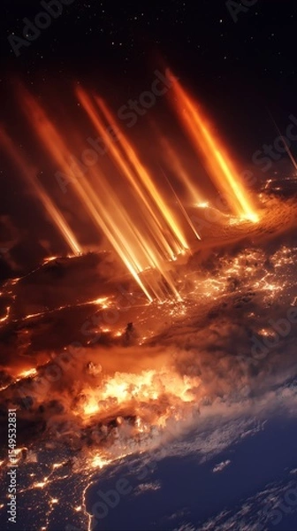 Obraz A dramatic cosmic disaster scene showing dozens of glowing meteors crashing into Earth’s surface, creating massive firestorms and explosions. Intense orange beams pierce the atmosphere