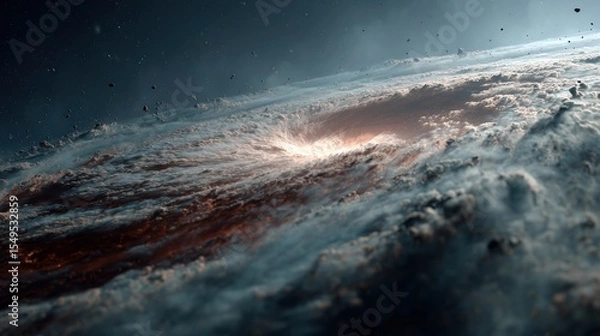 Obraz A surreal cosmic scene depicting the turbulent birth of a galaxy — swirling clouds of glowing interstellar dust illuminated by a fiery light source at the center. 