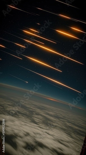 Obraz A dramatic cosmic scene showing a meteor storm streaking through Earth’s upper atmosphere, with glowing orange trails cutting through the night sky. The meteors descend at sharp angles