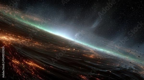 Obraz A surreal cosmic scene featuring a tilted horizon of a dying star system, with glowing lava-like currents flowing across a dark planetary surface. 