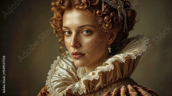 Fototapeta Elegant woman in period attire with intricate curls and ruffled collar during a historical reenactment