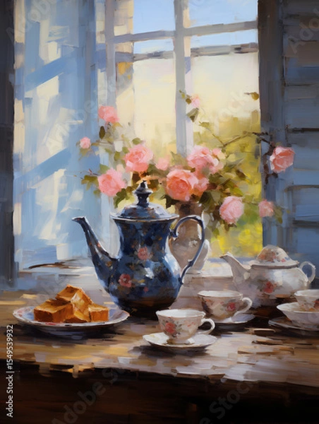 Fototapeta A vintage tea set with roses and pastries, creating a timeless scene.