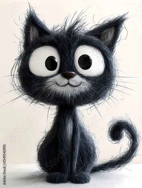 Fototapeta This cute cartoon cat has big, expressive eyes and a fluffy, black coat, looking friendly.