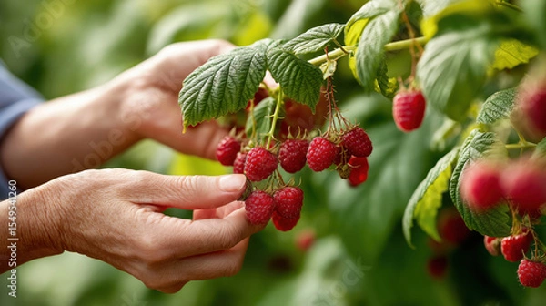 Fototapeta Hands picking ripe red raspberries from green bush in sunny garden, close-up of harvesting process. Fresh organic berries.