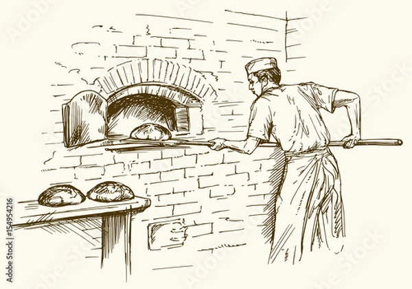 Obraz Baker wyciąga chleb łopaty z piekarnika, wektorowy ilustracja.