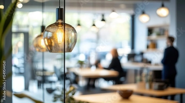Fototapeta Modern office interior with warm hanging lights, glass partitions, and people working in a bright, open, collaborative workspace.