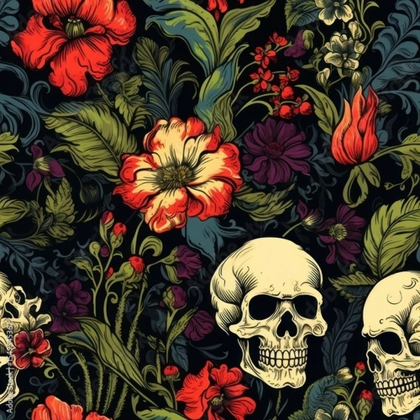 Fototapeta Vintage Floral Patterns Featuring Skulls in an Intricate Design with Rich Color Palette