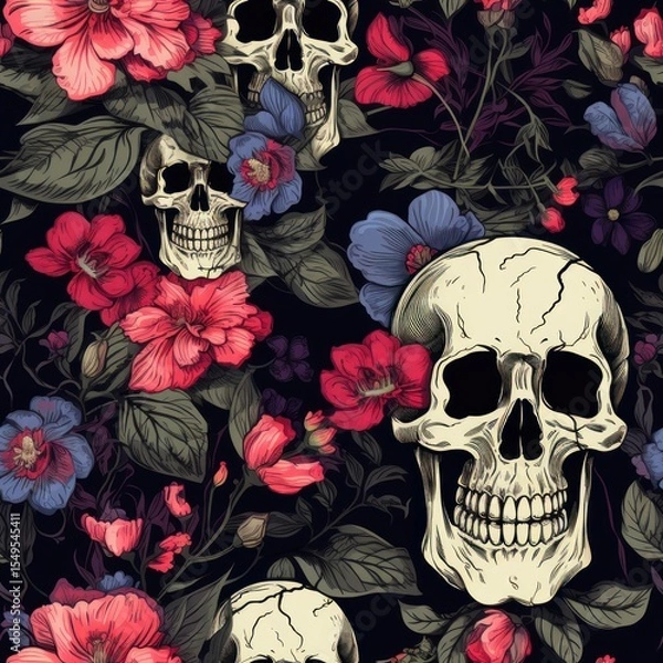 Fototapeta Vintage Floral Skull Pattern with Bright Blooms and Dark Background for Unique Design Elements