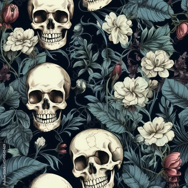 Fototapeta Vintage Floral Skull Patterns in High Quality Design for Unique Artistic Projects