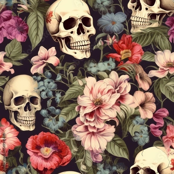 Fototapeta Vintage Floral Patterns Featuring Skulls in Intricate Designs for Unique Artistic Touch