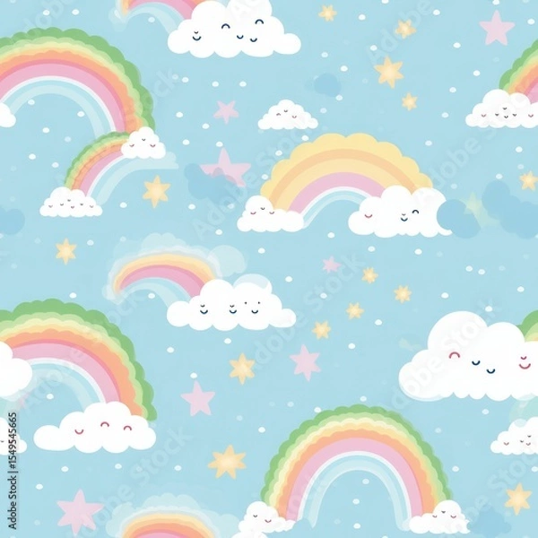 Fototapeta Cute Digital Pattern of Colorful Rainbows and Clouds on a Soft Blue Background for Adorable Design Projects