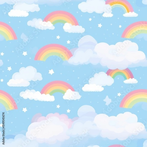 Fototapeta Colorful Digital Paper with Rainbows and Clouds in a Cute Fantasy Design for Creative Projects