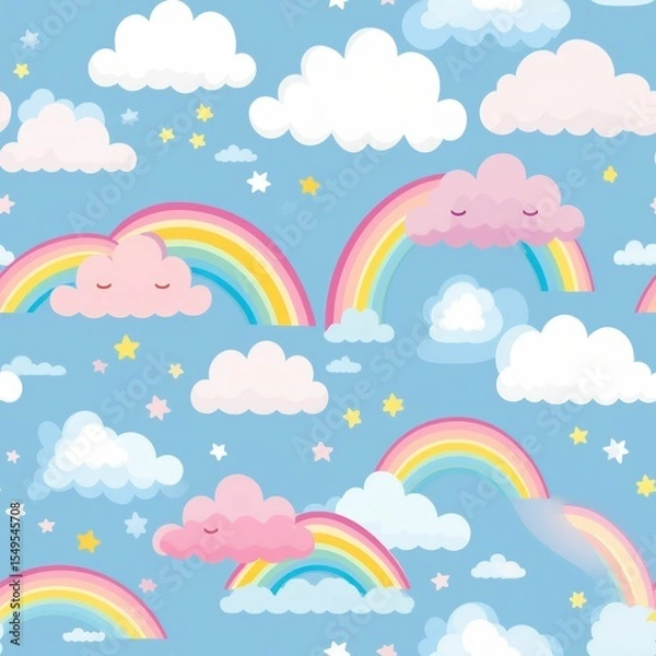 Fototapeta Cute Digital Paper with Colorful Rainbows and Soft Clouds for Charming Designs and Creative Projects
